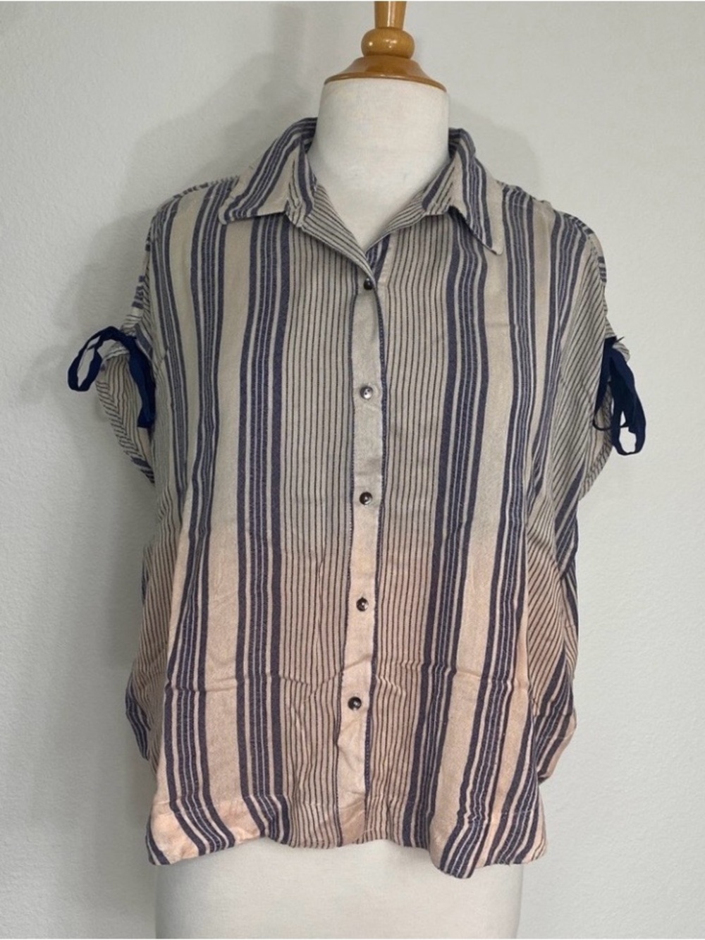 Free People Womens Tan Navy Ombre Stripe Gauzy Oversize Button Camp Shirt Size S
